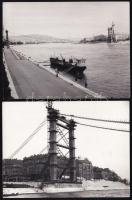 cca 1960 Bp., a II. világháborúban felrobbantott Erzsébet híd a helyreállítási munkák kezdetén, 2 db fotó, 12x9 cm