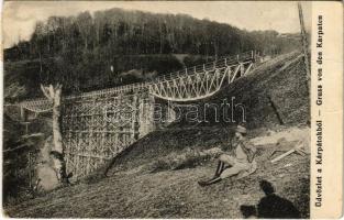 1915 Kárpátalja, Üdvözlet a Kárpátokból! vasúti híd, gőzmozdony, vonat, katona / Gruss von den Karpaten / Zakarpattia Oblast / Transcarpathian railway bridge, locomotive, train, K.u.K. soldiers