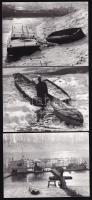 cca 1960-1970 Uszály, csónakok befagyott folyón (Tisza?) télen, 3 db jelzés nélküli fotó, 12x9 cm