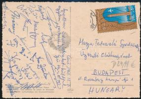 1965 Győri Vasas ETO labdarúgó csapatának aláírásai (Kelgovich, Povázsai, Palotai, Orbán, ..stb.) egy Kairóból az MTS-nek küldött képeslapon