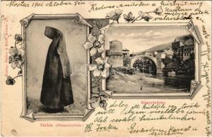 1906 Mostar, Türkin (Strassentoilette), Römerbrücke / Turkish woman, Roman bridge. Verlag Pacher & Kisic. Art Nouveau, floral (EK)