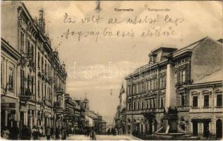 1916 Chernivtsi, Czernowitz, Cernauti, Csernyivci (Bukovina); Rathausstraße / Town Hall Street, monument, shops (EB)