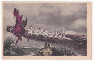 Virgácson repülő Krampusz gyerekekkel / Krampus with children flying on a birch. B.K.W.I. 2530/4. (ázott / wet damage)