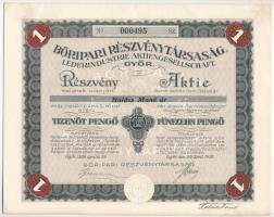 Győr 1926. Bőripari Részvénytársaság névre szóló részvény 15P értékben, szelvényekkel, szárazpecséttel T:II