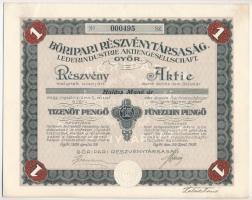 Győr 1926. "Bőripari Részvénytársaság" névre szóló részvény 15P értékben, szelvényekkel, szárazpecséttel T:II