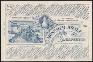 1909 Mössmer József budapesti menyasszonyi kelengye, vászon és fehérnemű kereskedő kitöltött számlája, hátoldalán rendkívül dekoratív, szecessziós reklámjával, szép állapotban