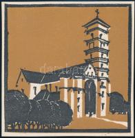 Kós Károly (1883-1977): Templom. Linómetszet, papír, jelzett a dúcon, körbevágott, 10,5×10,5 cm
