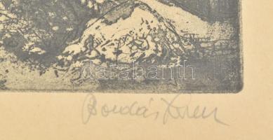 Bordás Ferenc (1911-1982): Óbuda, főtér. Rézkarc, papír, jelzett, 29×39,5 cm. Dekoratív, üvegezett f...