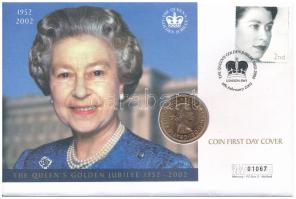 Nagy-Britannia 1967. 1p bronz "II. Erzsébet uralkodásának 50. évfordulója" érmés, "01067" sorszámú, felbélyegzett borítékban T:1,1-  Great Britain 1967. 1 Penny bronze "50th Anniversary - Reign of Queen Elizabeth II" in "01067" serial number coin envelope with stamp C:UNC,AU