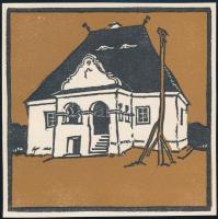 Kós Károly (1883-1977): Udvarház. Linómetszet, papír, jelzett a dúcon, körbevágott, 11×11 cm
