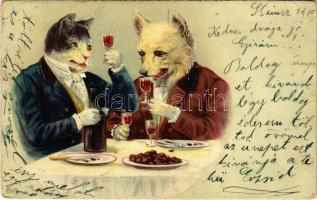 1900 Cat and dog drinking wine. litho (Rb)