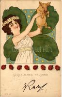 1899 (Vorläufer) Glückliches Neujahr! / New Year greeting art postcard with Art Nouveau lady and pig. litho (EK)