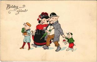 1912 Boldog Újévet! / New Year greeting art postcard with pig family. H.H.i.W. Nr. 973. (EK)