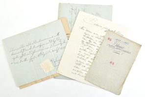 1824-25 Plébániai iratok kiállításának jegyzéke, naplója. Hat kézzel beírt oldal + 4 db budai és pesti plébánián kiállított pecsétes igazolás