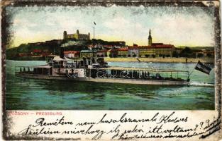 1907 Pozsony, Pressburg, Bratislava; SMS Szamos a Császári és Királyi Haditengerészet monitorja. Dunaflottilla / K.u.K. Kriegsmarine Donauflottille. Bediene dich allein / SMS Szamos Austro-Hungarian Navy river guard monitor (EK)