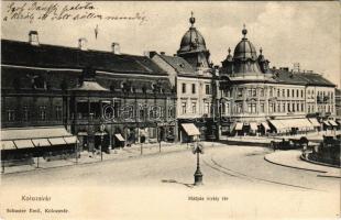 Kolozsvár, Cluj; Mátyás király tér, Böckel, Jeney Lajos, Reményik L. és fiai üzlete. Schuster Emil kiadása / square, shops (EK)