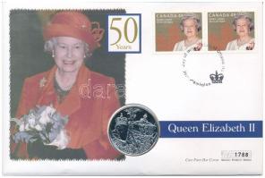 Kanada 2002. 1D Ag II. Erzsébet uralkodásának 50. évfordulója érmés, 1788 sorszámú, felbélyegzett borítékban T:BU Canada 2002. 1 Dollar Ag 50th Anniversary - Reign of Queen Elizabeth II in 1788 serial number envelope with stamps and cancellation C:BU
