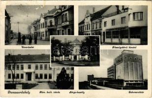 1942 Dunaszerdahely, Dunajská Streda; utca részlet, Főszolgabírói hivatal, Római katolikus iskola, Sárga kastély, Gabonaraktár / street view, court, school, castle, granary (szakadás / tear)