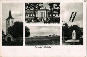 1944 Tornalja, Safárikovo, Tornala; Országzászló, Városháza, Református templom. Özv. Csiszár Árpádné kiadása / Hungarian flag, town hall, Calvinist church (r)