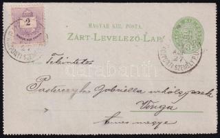 ~1884 3kr díjjegyes zárt levelezőlap 2kr díjkiegészítéssel, pályaudvari bélyegzéssel