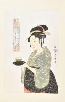 Kitagawa Utamaro (1753-1806): Okita. Reprodukciós fametszet, papír, jelzett, 38,5x25,5 cm.  Okita e portréja, Utamaro remekművei közé tartozik. a Kansei időszakban (1789-1800) készített, amikor a művészi karrierje csúcsán volt. Okita, Nambaya lánya, aki teaházat vezetett az asakusai Kannon-templom környékén, az egyik legismertebb Edo (ma Tokió) legszebb lányai közé tartozott. A teaház, állítólag mindig tele volt férfiakkal, akik meg akarták nézni Okitát. Minden portrén, amin őt fiatal korában ábrázolja, bár feltűnően csinos, kissé ridegnek tűnik, mert vonásai túlságosan szabályosak. Ez a különleges portré egy buddhista szent távolságtartó nyugalmával mutatja őt, aki aki épp most szállt le a földre. Ezt a benyomást még inkább felerősítik kissé felfelé fordított szemei. Az alkalmazott színösszeállítás meglehetősen egyszerű - a kimonó sötét színű. szürke és a széles virágmintás öv tintafekete. Nem használnak vöröses színt , kivéve az alatta lévő szíjat. Ezzel az egyszerű és egyenletes ábrázolással, Utamarónak sikerült bemutatnia a tiszta szépséget. Egy szűzét, ami ritka teljesítmény minden művész számára. Az itt látható darab az eredetinek a reprodukciója.