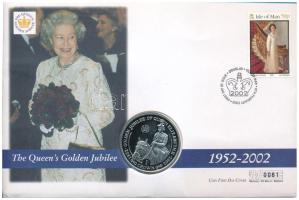 Man-sziget 2002. 1C Cu-Ni II. Erzsébet uralkodásának 50. évfordulója érmés, 0081 sorszámú, felbélyegzett borítékban T:PP ujjlenyomat, kis patina Isle of Man 2002. 1 Crown Cu-Ni 50th Anniversary - Reign of Queen Elizabeth II in 0081 serial number envelope with stamps and cancellation C:PP fingerprints, small patina