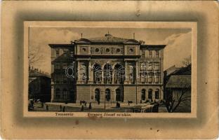 Temesvár, Timisoara; Ferenc József színház, villamos. W.L. Bp. No. 6660. 1910/13. / Franz Josef Theatre, tram (lyukak / holes)