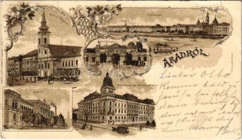 1899 (Vorläufer) Arad, Minorita templom, vár főkapuja, Maros-part, Lyceum, Arad-Csanádi egy. Vasutak palotája, lóvasút. Lengyel Lipót kiadása / Minorite church, castle gate, Mures riverside, grammar school, railway palace, horse-drawn tram. Art Nouveau, floral, litho (fa)