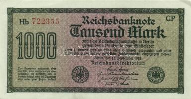 Német Birodalom / Weimari Köztársaság 1922. 1000M (2x) "Wellen" vízjellel, hatjegyű sorszá...