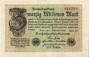 Német Birodalom / Weimari Köztársaság 1923. 20.000.000M (3x) "Hakensterne" vízjellel, hatjegyű sorszámmal T:I