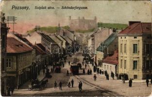 1918 Pozsony, Pressburg, Bratislava; Széplak utca, Krausz tejcsarnok, Ney Ágoston üzlete, vár, villamos. J.Z.W. XV. / Schöndorfergasse / street view, milk hall, shops, castle, tram (EK)