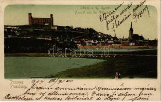 1903 Pozsony, Pressburg, Bratislava; látkép a régi ligettől, vár / Ansicht von der Pötschenau / general view, castle