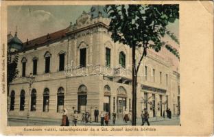 1907 Komárom, Komárno; Komáromvidéki Takarékpénztár és a Szent József ápolda bérháza, Spitzer Sándor üzlete és saját kiadása / savings bank, publisher's shop (fa)