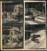 1963 Budapest, egy Fiat gépkocsi és egy Panni robogó balesete a belvárosban, 4 db eredeti sajtófotó kartonra ragasztva, 6×6 cm