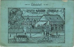 Budapest IX. Gyuth Nándor vendéglője, étterem, belső, villamos. Üllői út 115. Art Nouveau s: Váradi M. (r)