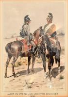 Rudolf Otto von Ottenfeld (1856-1913): Jäger zu Pferd und leichter Dragoner, 1800. (Osztrák könnyűlovassági katonák). Színes litográfia, papír, jelzett. Paszpartuban, üvegezett fa keretben, 33x22 cm (keret: 49x37 cm)