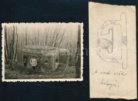 1936 Csehek által otthagyott bunker a felvidéki Sziklás-hegyen, annak belsőtéri rajzával, hátoldalon felirattal, 6×8,5 cm