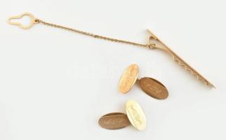 Arany (Au/18k) nyakkendőcsipesz lánccal + mandzsettagomb pár, jelzett, össz. 14,3 g