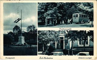 1939 Érd, Parkváros, Országzászló, Autóbusz megállóhely, Sabjanics vendéglő, étterem (fa)