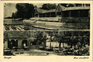 1950 Alsógöd (Göd), Alsó strandfürdő, csónakok, vendéglő kertje pincérrel (EK)