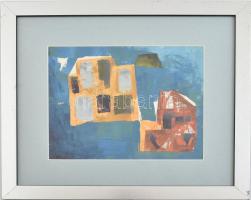 Jelzés nélkül: Kék kompozíció. Olaj, papír. Dekoratív, üvegezett fakeretben, 19×24 cm