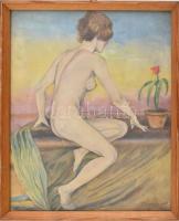 Dienes F jelzéssel: Női akt virággal. Akvarell, papír. Üvegezett fakeretben, 32×25,5 cm