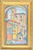 Ilosvai Varga I jelzéssel: Színes város. Olajpasztell, papír. Dekoratív, üvegezett fakeretben, 49×30 cm