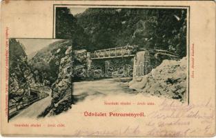 1901 Petrozsény, Petrosani; Szurduki szoros árvíz előtt és után, híd. Honisch udvari fényképész felvétele, Herz Arnold kiadása / gorge and bridge before and after the flood