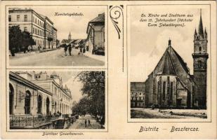 Beszterce, Bistritz, Bistrita; Komitatsgebäude, Ev. Kirche und Stadtturm aus dem 15. Jahrhundert (höchster Turm Siebenbürgens), Bistritzer Gewerbeverein / Vármegyeháza, Evangélikus templom és várostorony a 15. századból (legmagasabb erdélyi várostorony), Ipartársulat / county hall, church and city tower from the 15th century, trade association&#039;s building (EK)