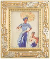 Faragó G jelzéssel: Alak napernyővel. Akvarell, tus, papír. Üvegezett, dekoratív fakeretben, 14x11 cm.