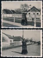 1941 Szászfenes, Erdély, Kolozs megye, népviseletbe öltözött nő, 2 db utcakép, hátoldalon feliratozva, 5,5×8,5 cm