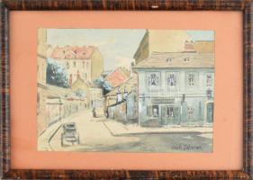 Zafranek után, jelzés nélkül: Városrészlet (Bécs?). Akvarell, papír, üvegezett fakeretben, hátoldalán Franz Holly bécsi képkeretező 1920-40 körüli címkéjével. 11x16 cm.