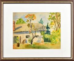 Jelzés nélkül: Napfényes udvar. Akvarell, papír, 19,5x27,5 cm. Üvegezett fakeretben.