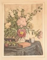 Csáki-Maronyák József (1910-2002): Virágcsendélet. Színezett rézkarc, papír, jelzett, paszpartuban, 38×28,5 cm